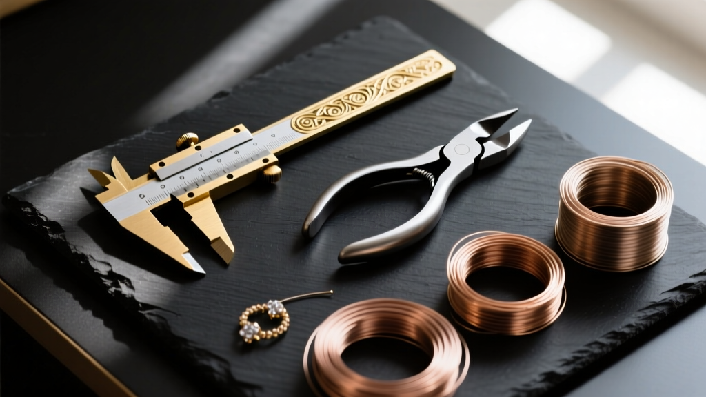 Overhead flat lay of jewelry making tools including brass calipers, flush cutters, and titanium wire spools on a dark slate desk.