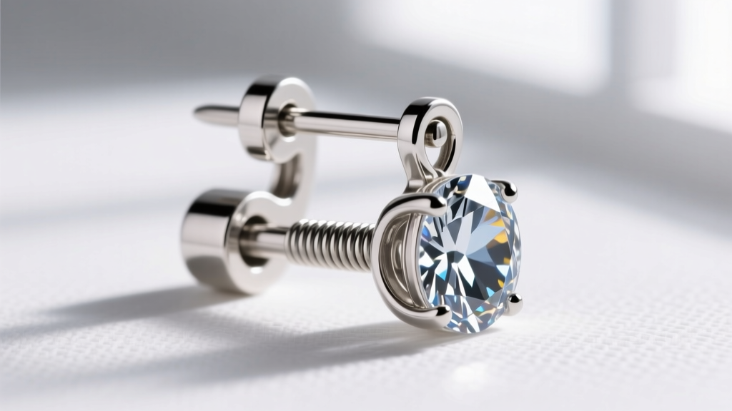Close-up of a secure La Pousette earring back locking mechanism on an 18-gauge post, supporting a heavy gemstone drop earring