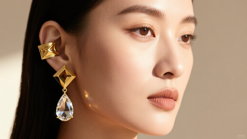 Portrait of a woman wearing an asymmetrical 14k solid gold ear cuff on her upper helix and a heavy teardrop lobe earring.