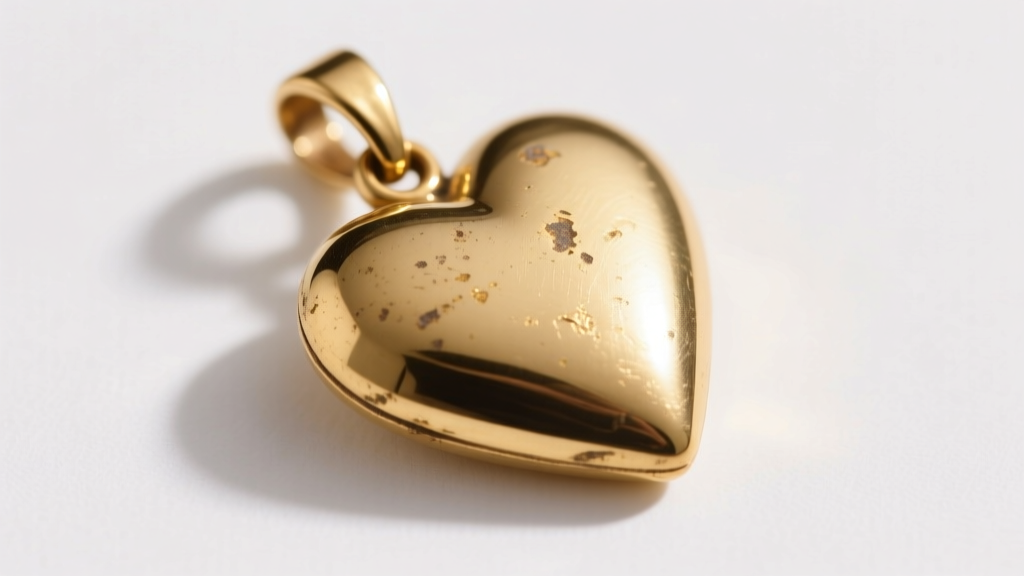 Worn gold-plated heart pendant showing slight tarnish and brass exposure near the bail and clasp, on a clean white background