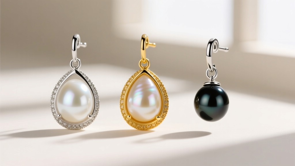 Teardrop pearl earrings side-by-side in bright platinum, warm 18k yellow gold, and rhodium-plated sterling silver metal settings