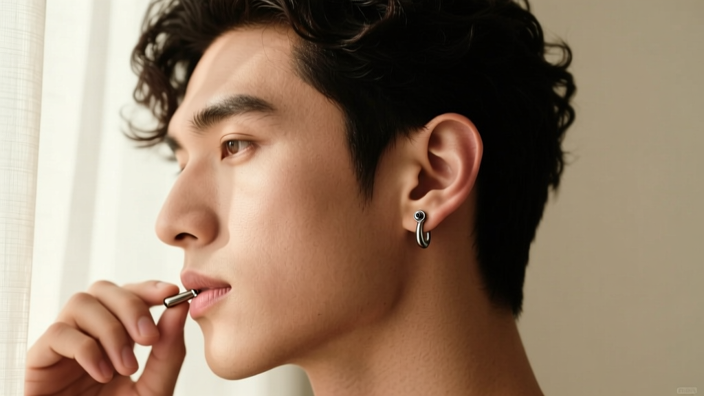 Side profile of a man adjusting a small titanium threadless labret stud in his helix cartilage, lit by soft and diffused daylight.