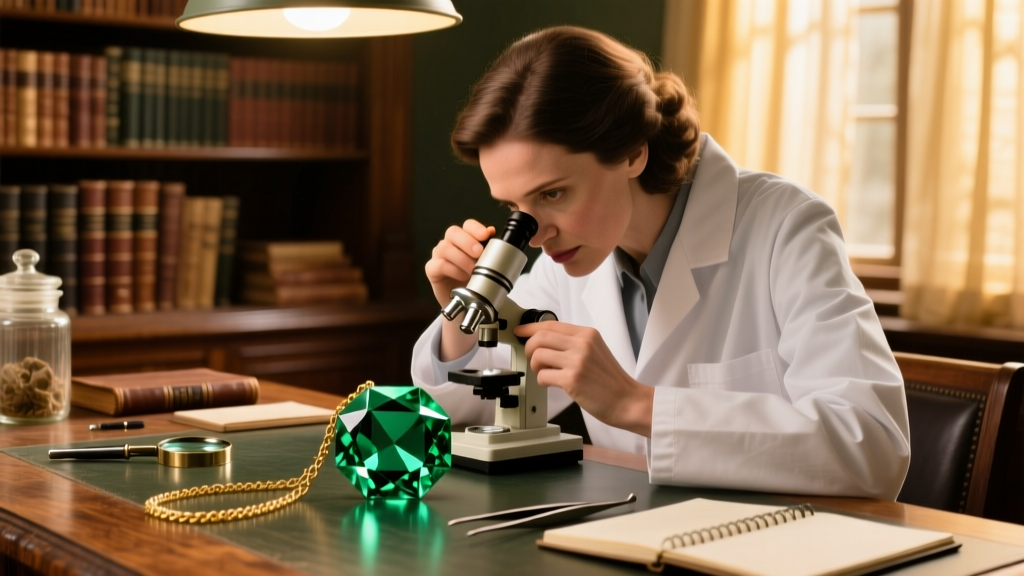 Gemologist using a refractometer to measure the refractive index of an antique gemstone on a wooden desk under warm lighting.