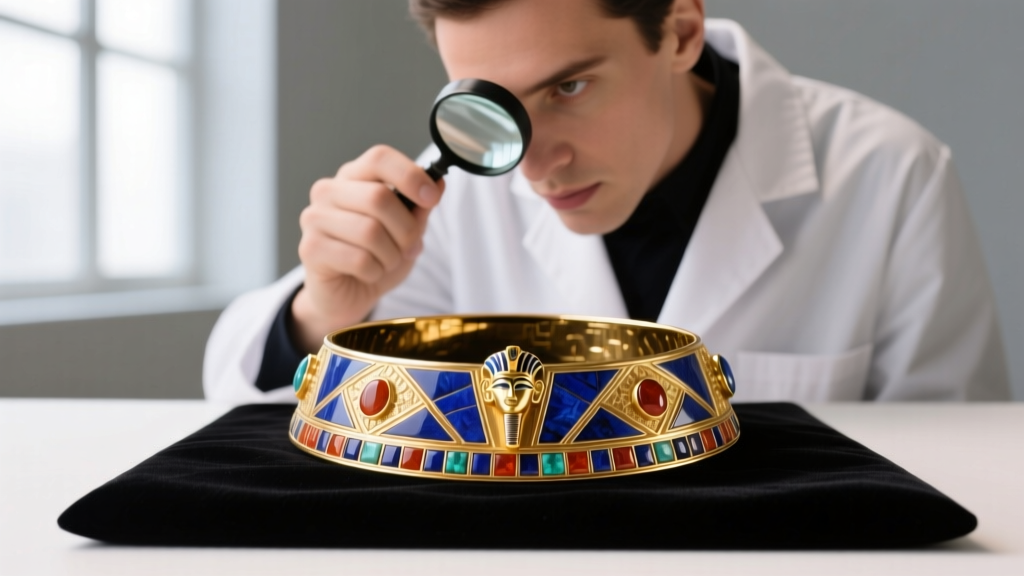 Jeweler using a loupe to inspect bezel settings and glass inlays of a modern 18k gold vermeil King Tut inspired broad collar.