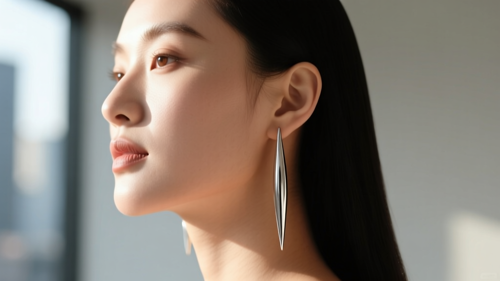 Side profile of a woman with a round face wearing elongated silver drop spike hoops, soft natural light, blurred background.