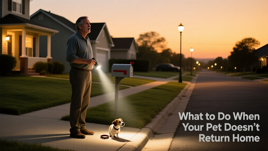 A worried pet owner searching a quiet suburban street at dusk, holding a flashlight and calling softly