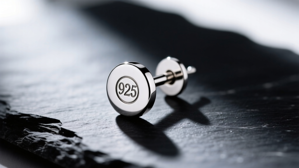Macro shot of a 925 sterling silver earring post stamped with a hallmark, resting on dark slate with dramatic side lighting.