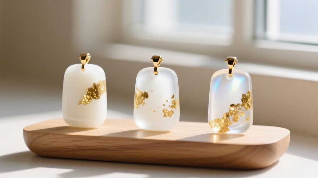 Three finished milk resin pendants on a wood stand showing varying shades of white and subtle gold leaf flakes in bright daylight