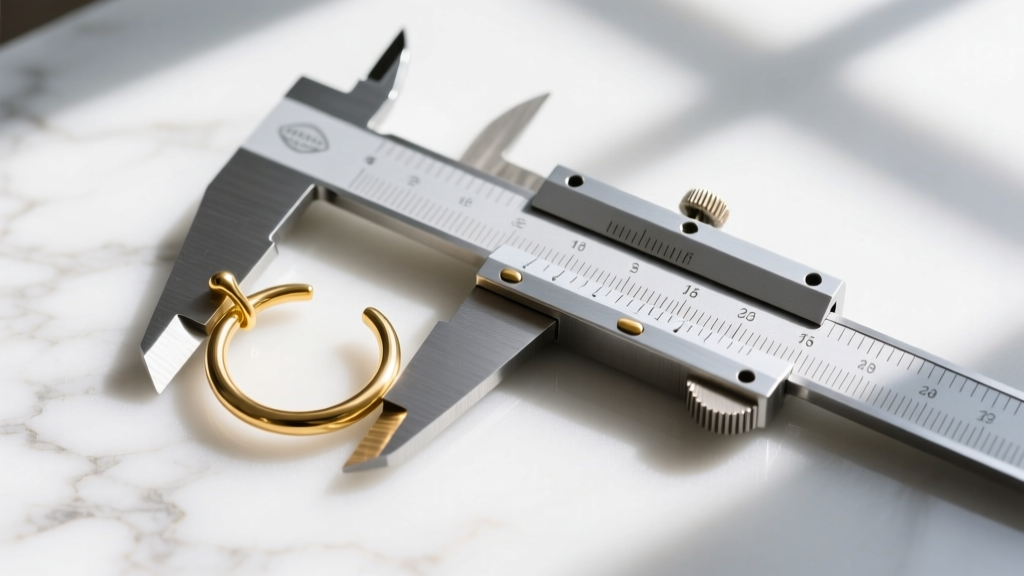 Top-down view of silver digital calipers measuring the wire thickness of a 16-gauge gold nose hoop on a clean white marble surface