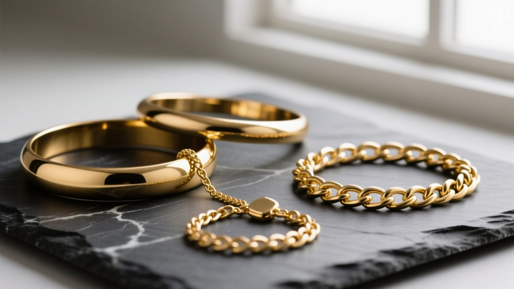 Flatlay of mixed metal jewelry featuring matte yellow brass bangles intertwined with polished gold chains on a dark slate surface.