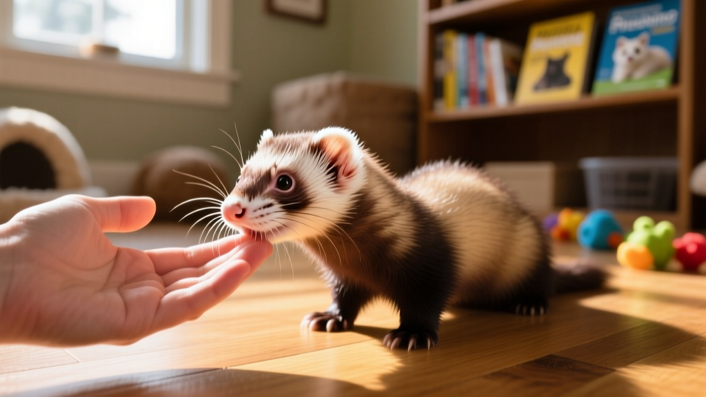 A curious ferret gently sniffing a human hand, eyes bright and posture relaxed