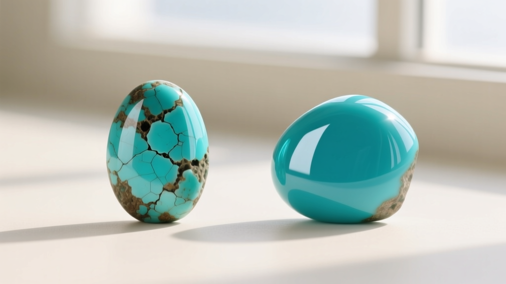 Macro comparison showing a natural porous turquoise cabochon next to a highly polished epoxy-stabilized turquoise stone in silver.
