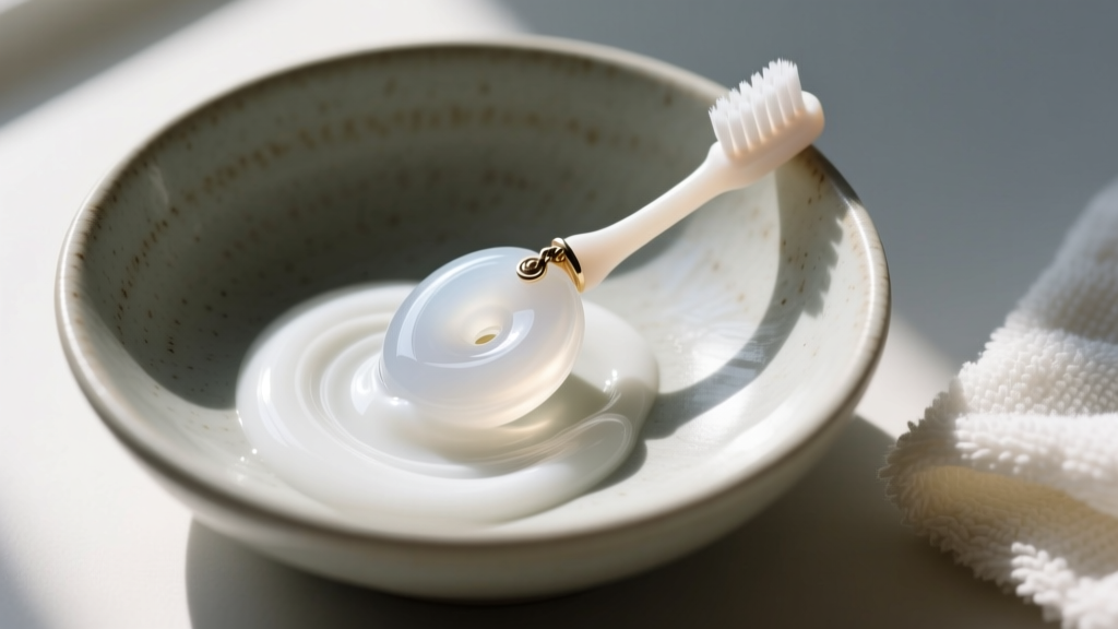 Soft baby toothbrush gently scrubbing a white agate pendant with mild soapy lather over a ceramic bowl, microfiber cloth nearby.