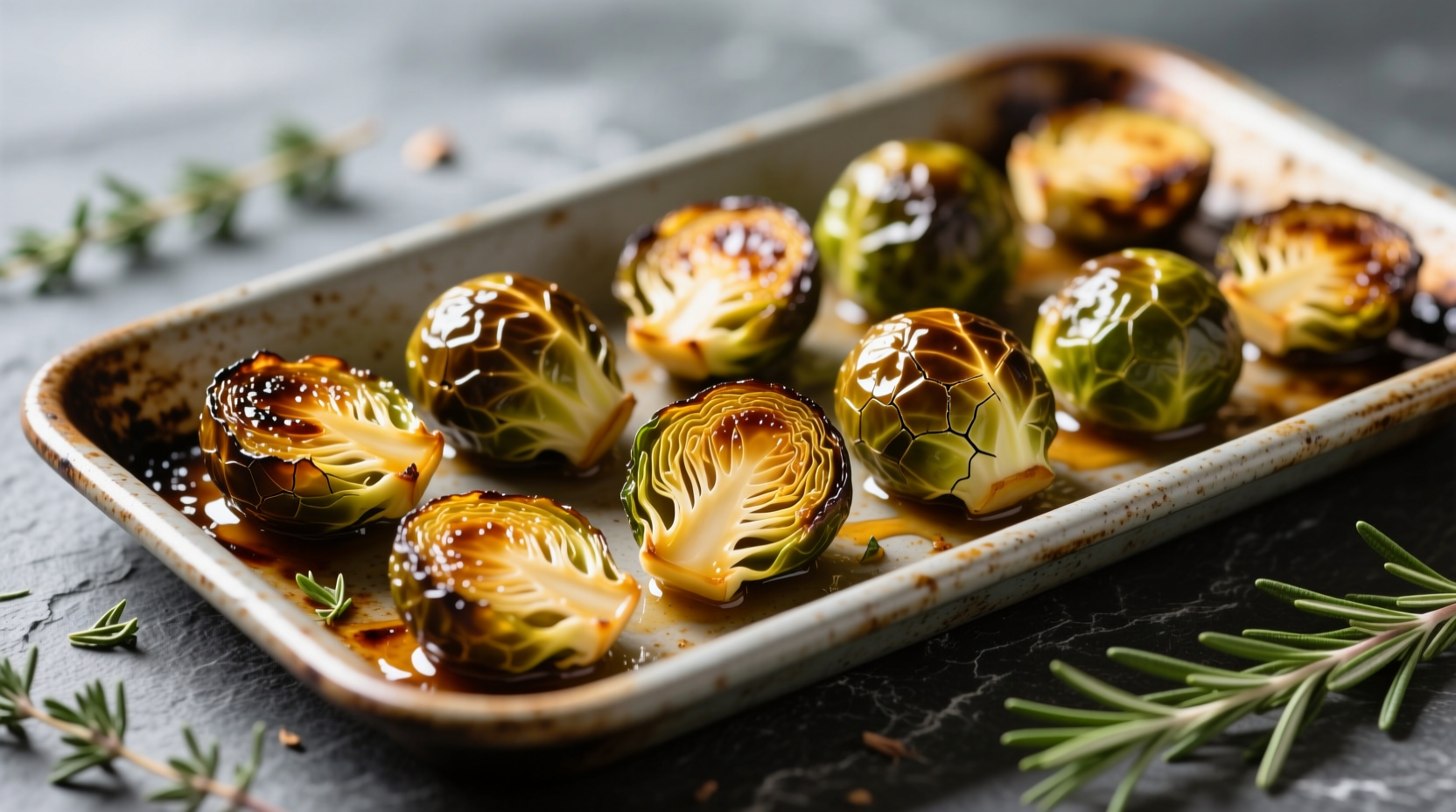 Perfectly roasted golden-brown sprouts on baking sheet