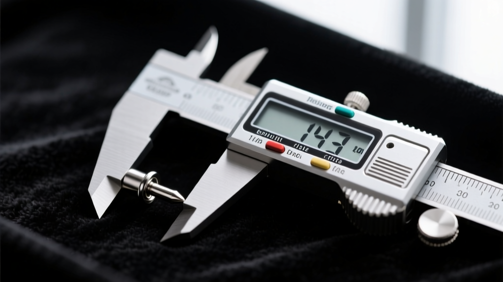 Close-up of a digital caliper measuring a 14-gauge implant-grade titanium labret post, resting on a black velvet jeweler