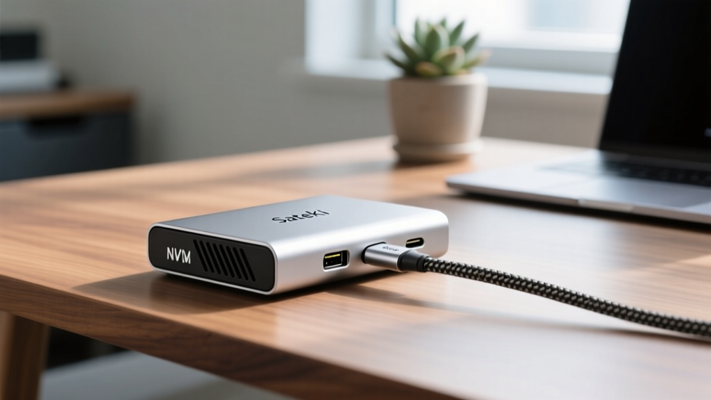 Close-up of the Satechi Thunderbolt 4 Slim Dock showing its built-in NVMe SSD enclosure and braided Thunderbolt cable on a desk.