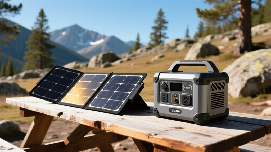 Ruggedized portable solar generator and folded 100W flexible solar panel resting on a rocky outdoor campsite wooden table in daylight