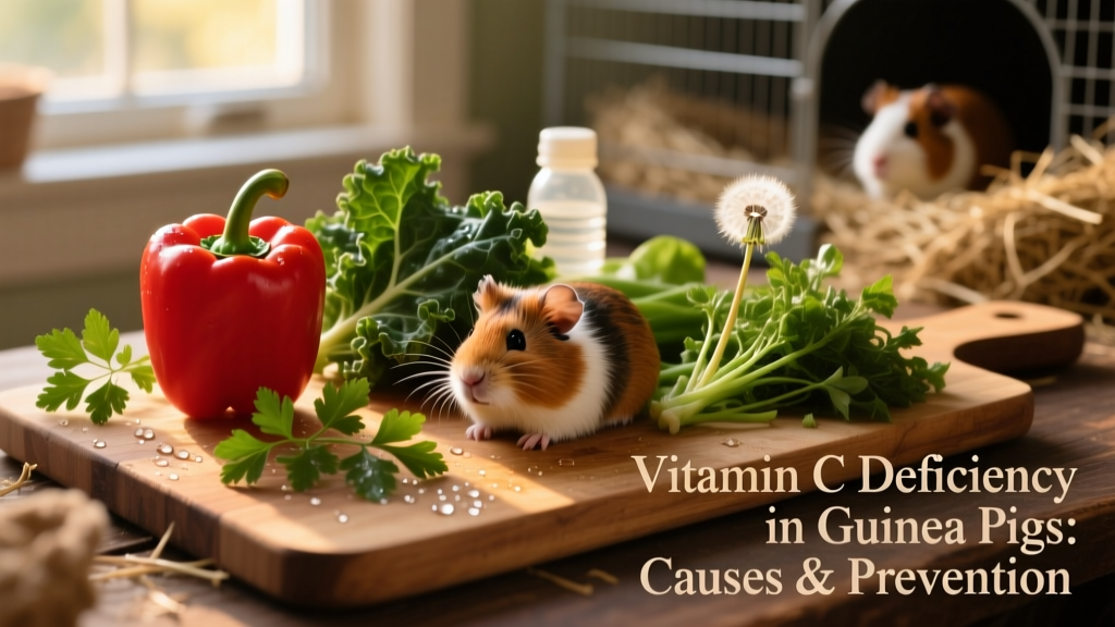 Assorted fresh vegetables suitable for guinea pigs: red bell pepper, kale, parsley, and dandelion greens