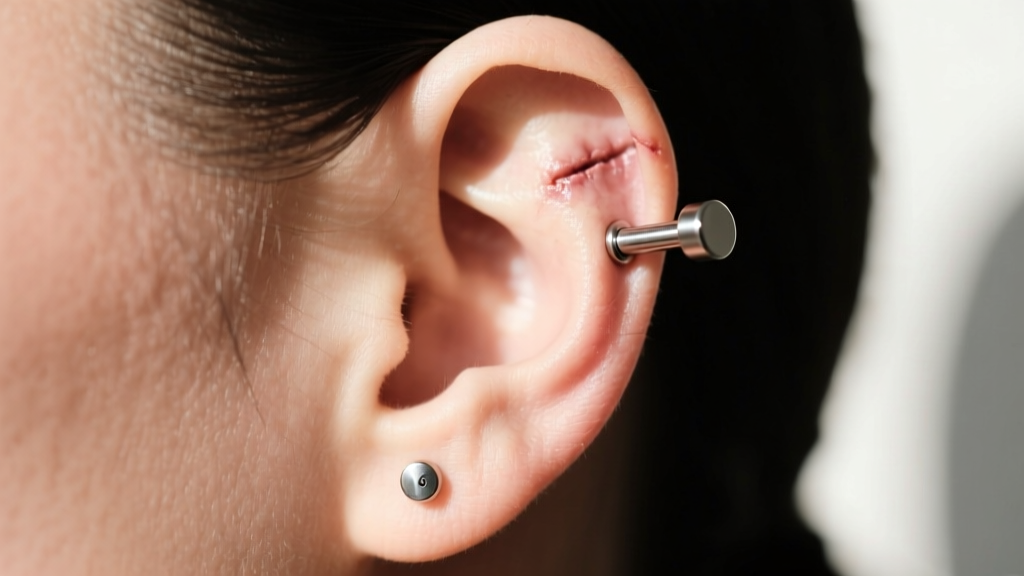Side profile of a healed ear with a 16-gauge titanium flat back labret in the helix cartilage, captured in bright natural light.