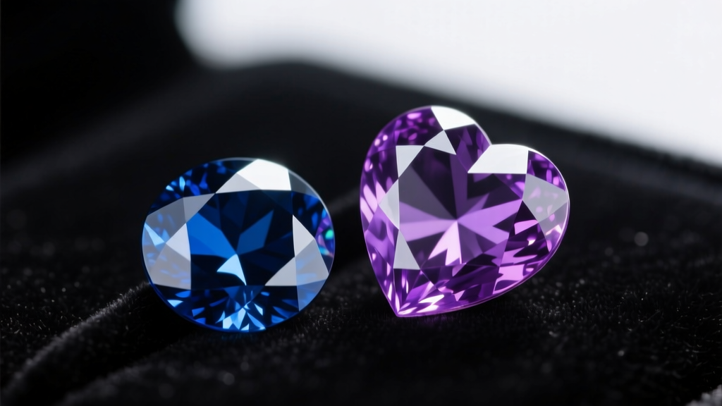 Macro view of a deep blue Ceylon sapphire beside a violet tanzanite heart gem, highlighting distinct pleochroic color shifts.