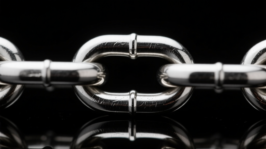 Macro shot of a 2.0mm steel Mariner chain link showing the smooth high-polish finish and horizontal bar against a dark background