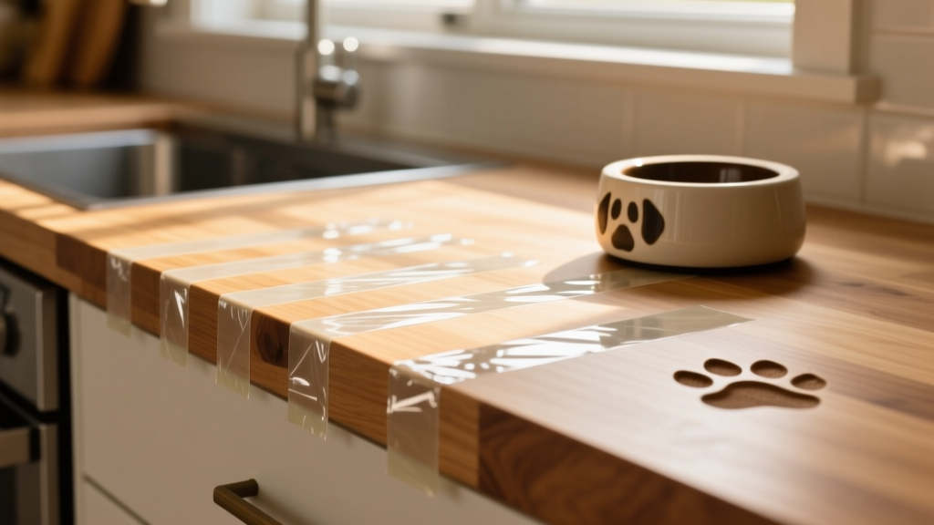 Close-up of a countertop edge with strips of clear, sticky tape applied along the edge