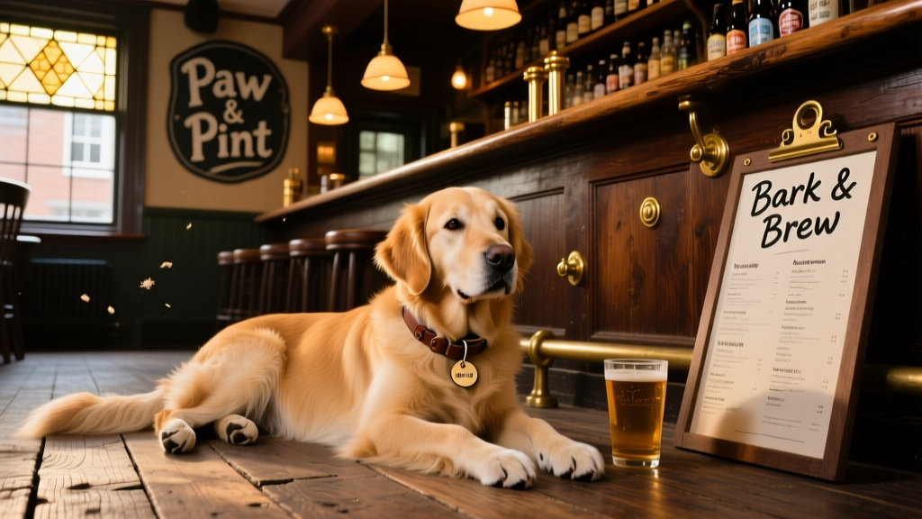 A golden retriever relaxing near a wooden bar inside a cozy Liverpool pub