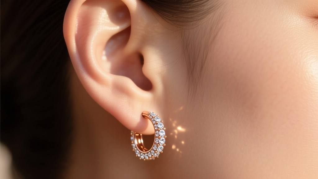 Close-up of an ear wearing delicate Bella diamond pavé huggie earrings in 14k rose gold, captured in natural golden hour sunlight