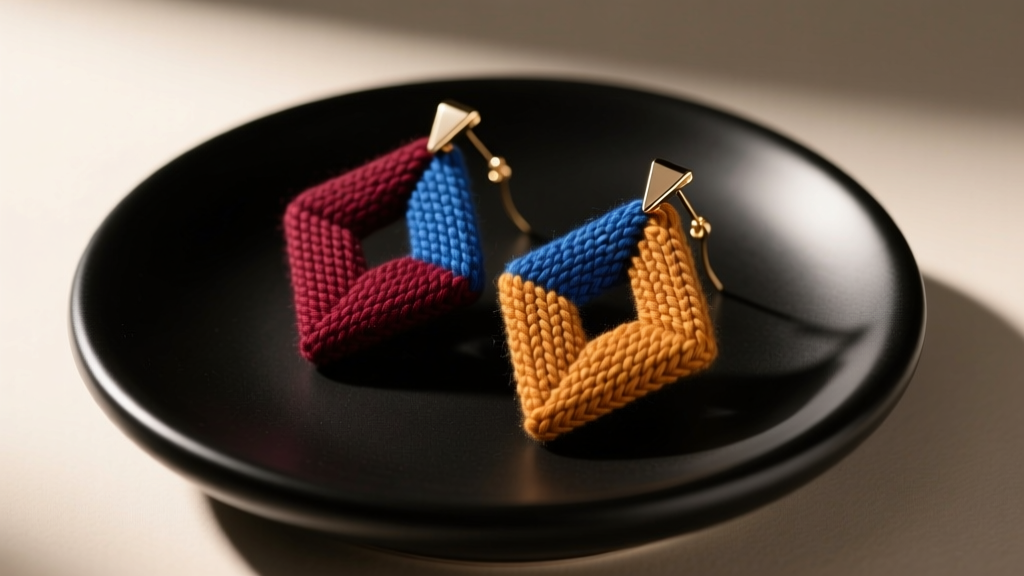 Geometric knitted earrings treated with stiffener, resting on a matte black ceramic jewelry dish under warm, directional lighting.