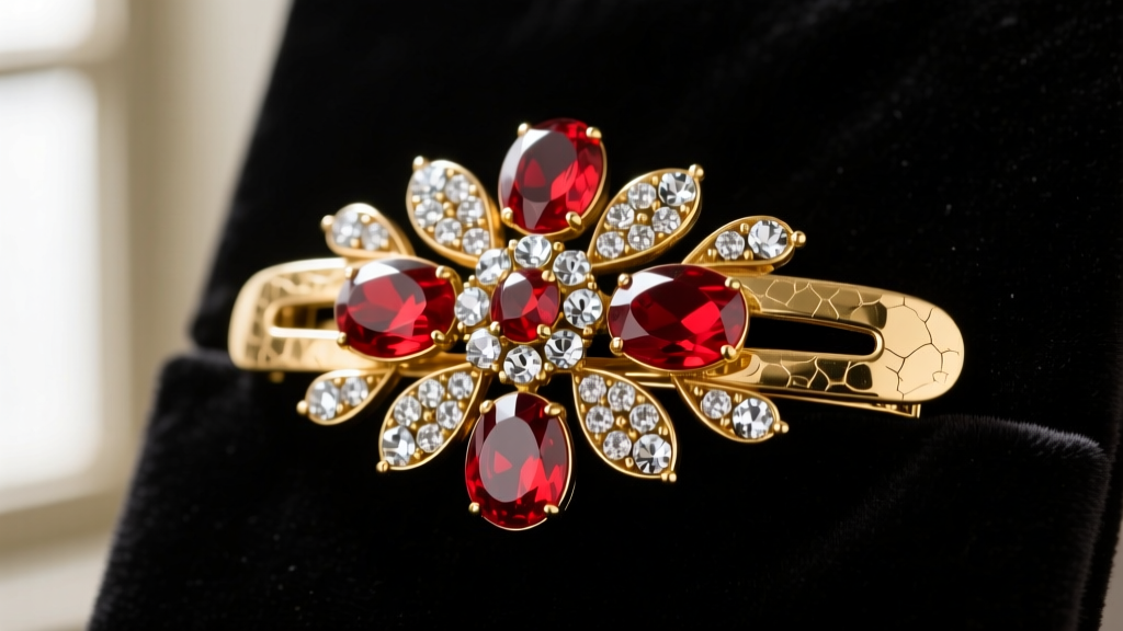 Close-up of a 1950s Crown Trifari gold-plated fur clip with pavé crystal rhinestones and red glass cabochons on dark velvet