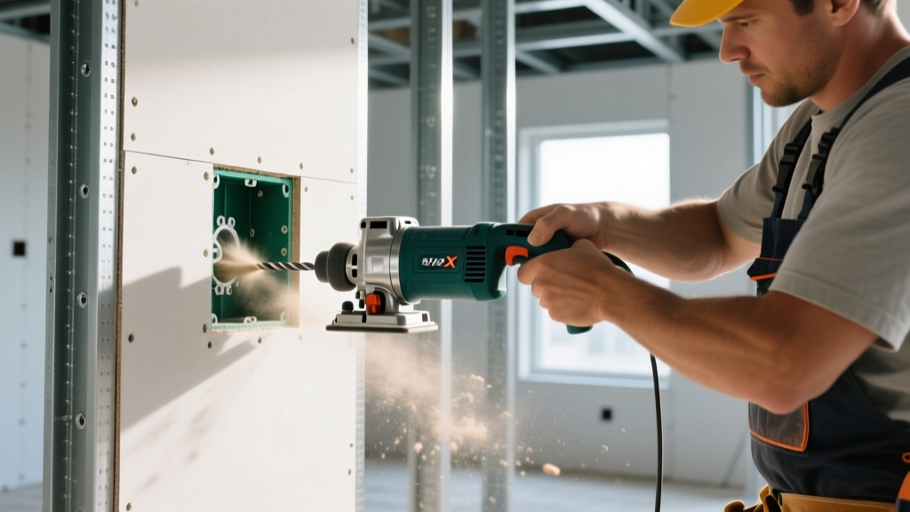 Contractor using a drywall router to cut an electrical box opening in 5/8-inch Type X fire-rated gypsum board on metal studs.
