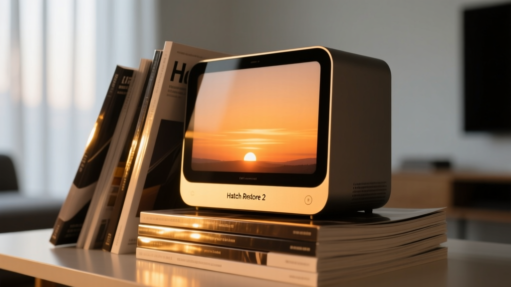 Close-up of the Hatch Restore 2 glowing with a warm amber sunrise simulation, illuminating a stack of tech magazines.