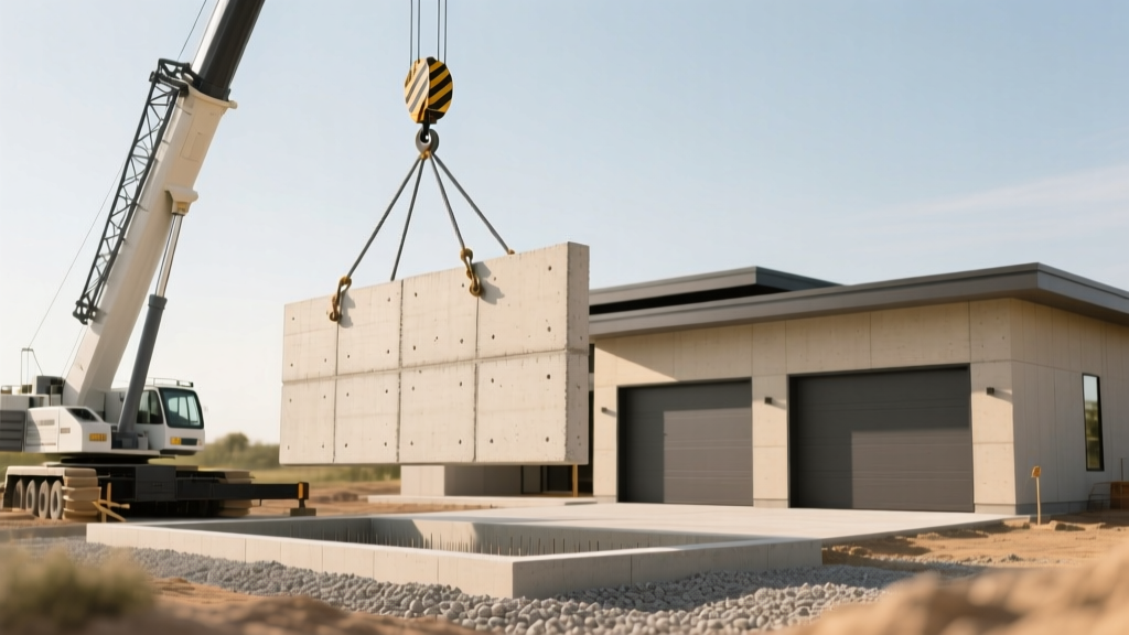 Crane lifting a massive precast concrete wall panel into place for a new three-car garage on a prepared gravel foundation