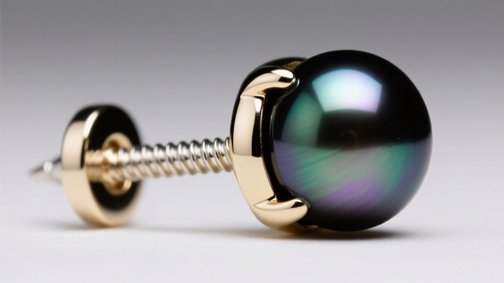 Close-up of an 18-gauge 14k white gold screw-back post on a Tahitian black pearl stud, emphasizing secure threading and sturdy metal construction.