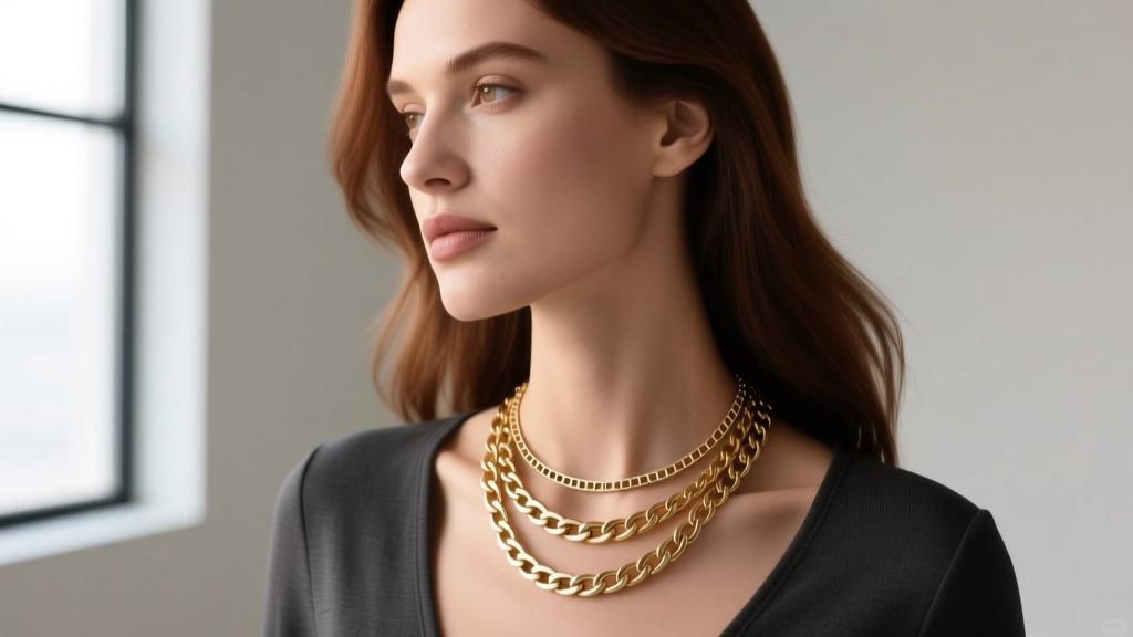 Woman wearing a layered necklace stack featuring a 1mm box chain and 3mm curb chain in mixed 14k gold tones against a dark top