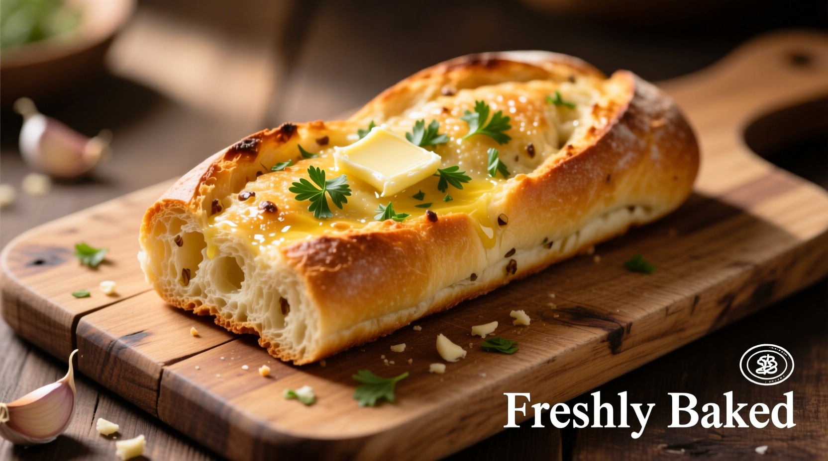Freshly baked golden garlic bread on wooden cutting board