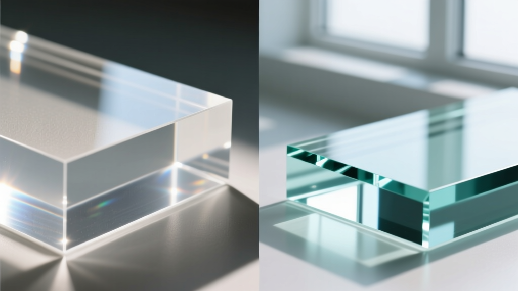 Macro split-screen showing the thick edge profile of cast acrylic on the left and beveled soda-lime glass on the right, highlighting optical clarity.