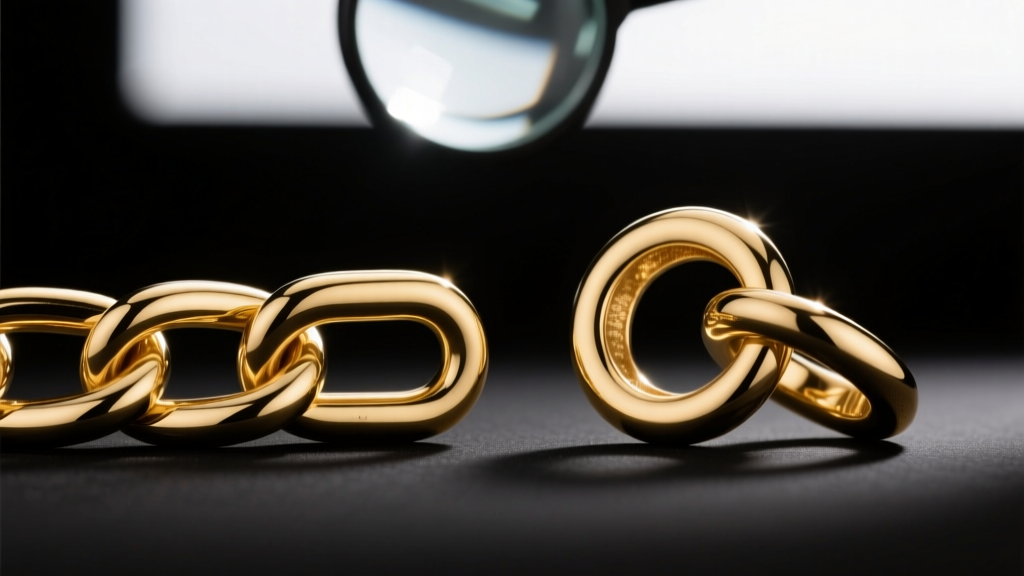View of a solid gold chain link and a hollow kinked link under a jeweler's loupe magnification on a wooden workbench surface.
