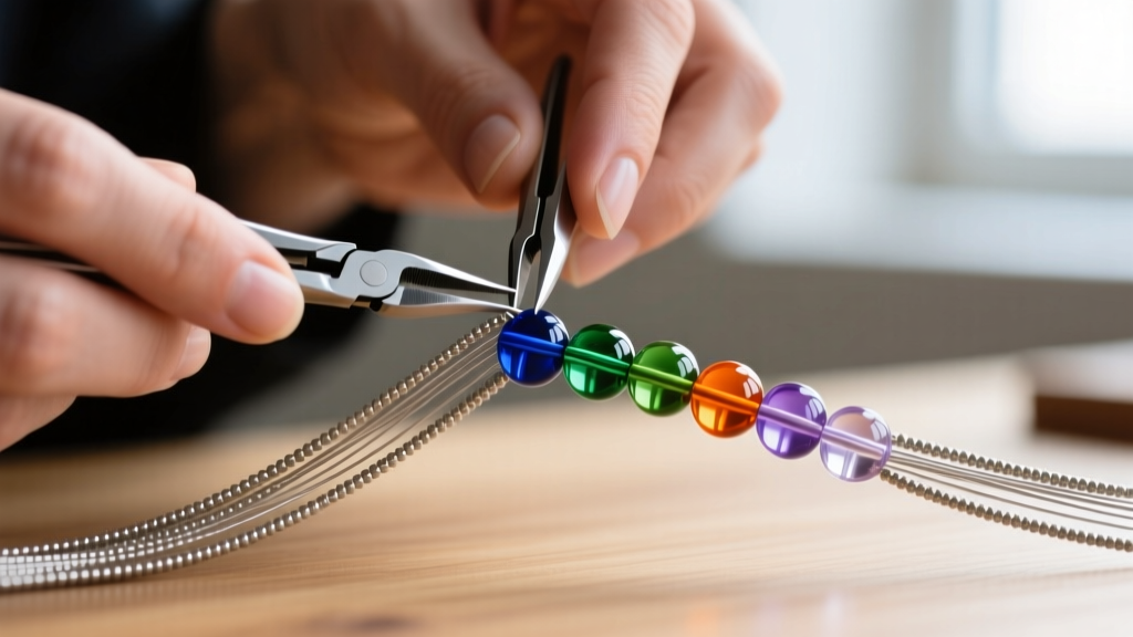Jeweler's hands using micro-pliers to thread a 49-strand stainless steel beading wire through heavy, colorful Czech glass beads.
