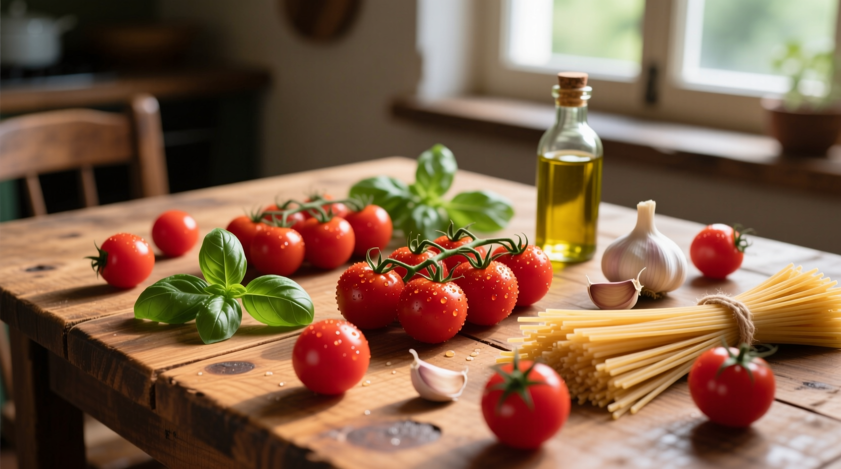 Fresh cherry tomatoes and pasta ingredients on wooden table