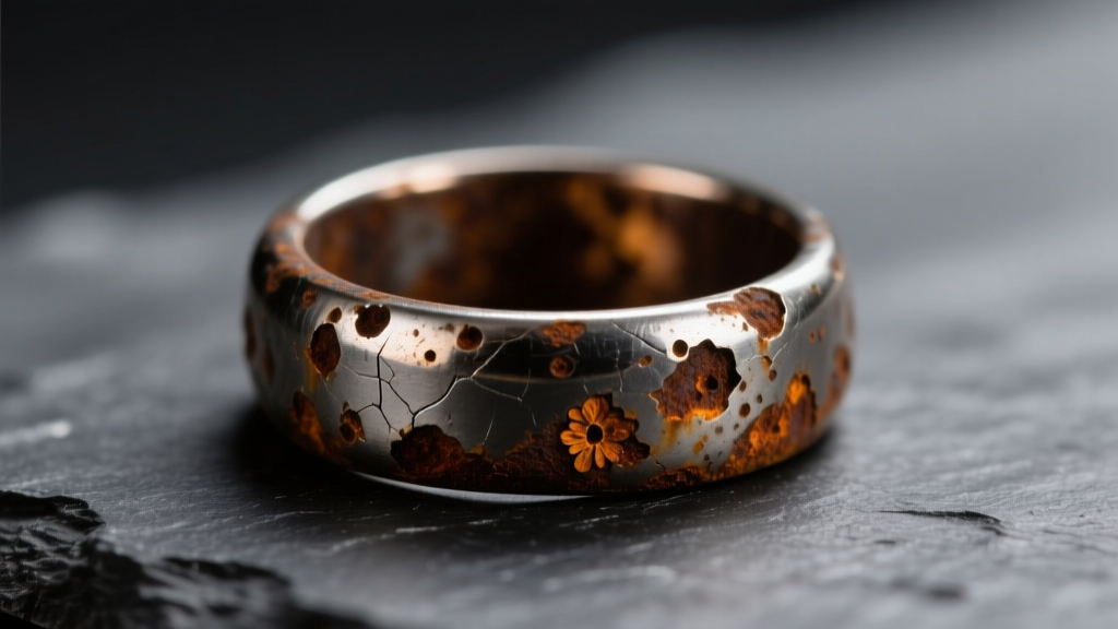 Macro shot of a rusty vintage steel ring on dark slate, lit by soft studio lighting to reveal oxidized surface texture and pitting