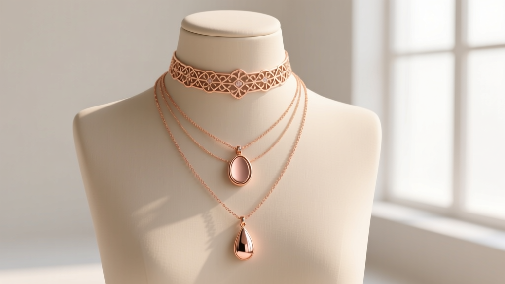 Three layered necklaces on a mannequin, featuring a 14-inch choker, 16-inch pendant, and an 18-inch rose gold drop down necklace.