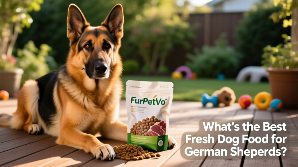 German Shepherd sitting calmly beside an open FurPetVo meal pouch, looking alert and content, with a shiny coat and bright eyes