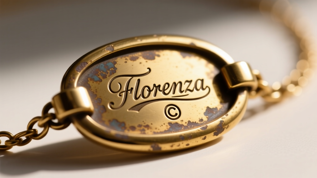 Macro shot of a vintage necklace clasp showing the stamped Florenza cartouche hallmark and copyright symbol in aged gold metal.