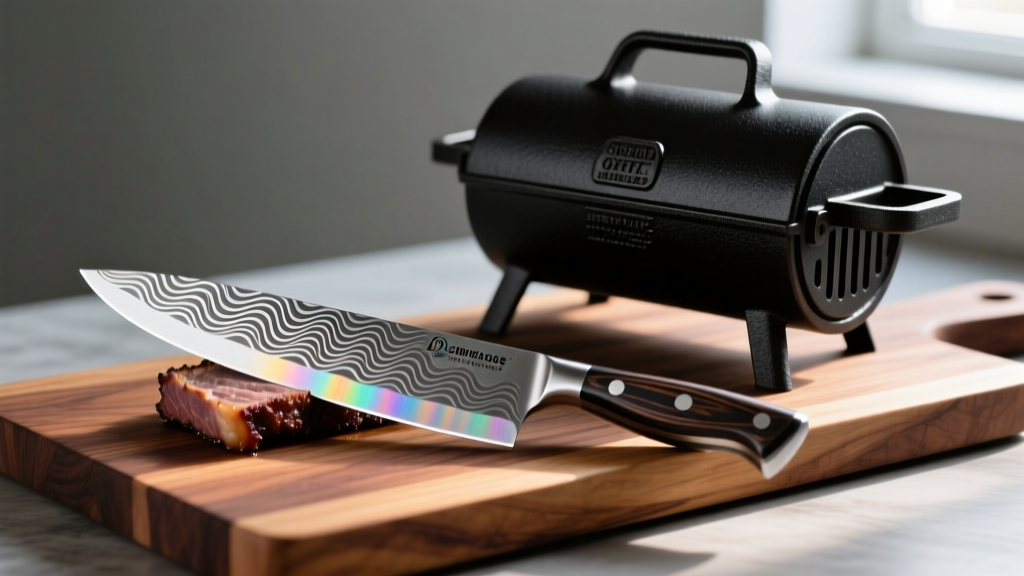 Damascus steel BBQ brisket slicing knife resting on a thick teak cutting board next to a black cast iron offset smoker