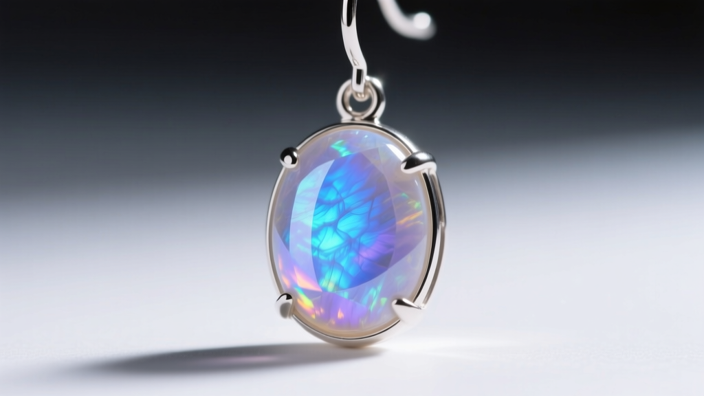 Macro shot of rainbow moonstone cabochon in a sterling silver dangle earring, highlighting vivid blue adularescence in daylight.