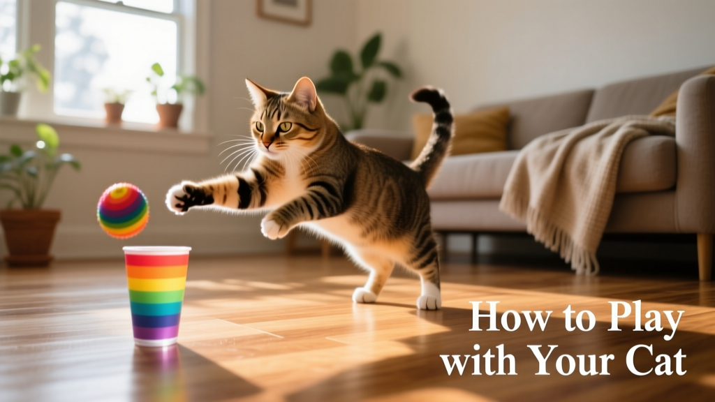 A cat batting a brightly colored tumbler toy across hardwood flooring, mid-chase