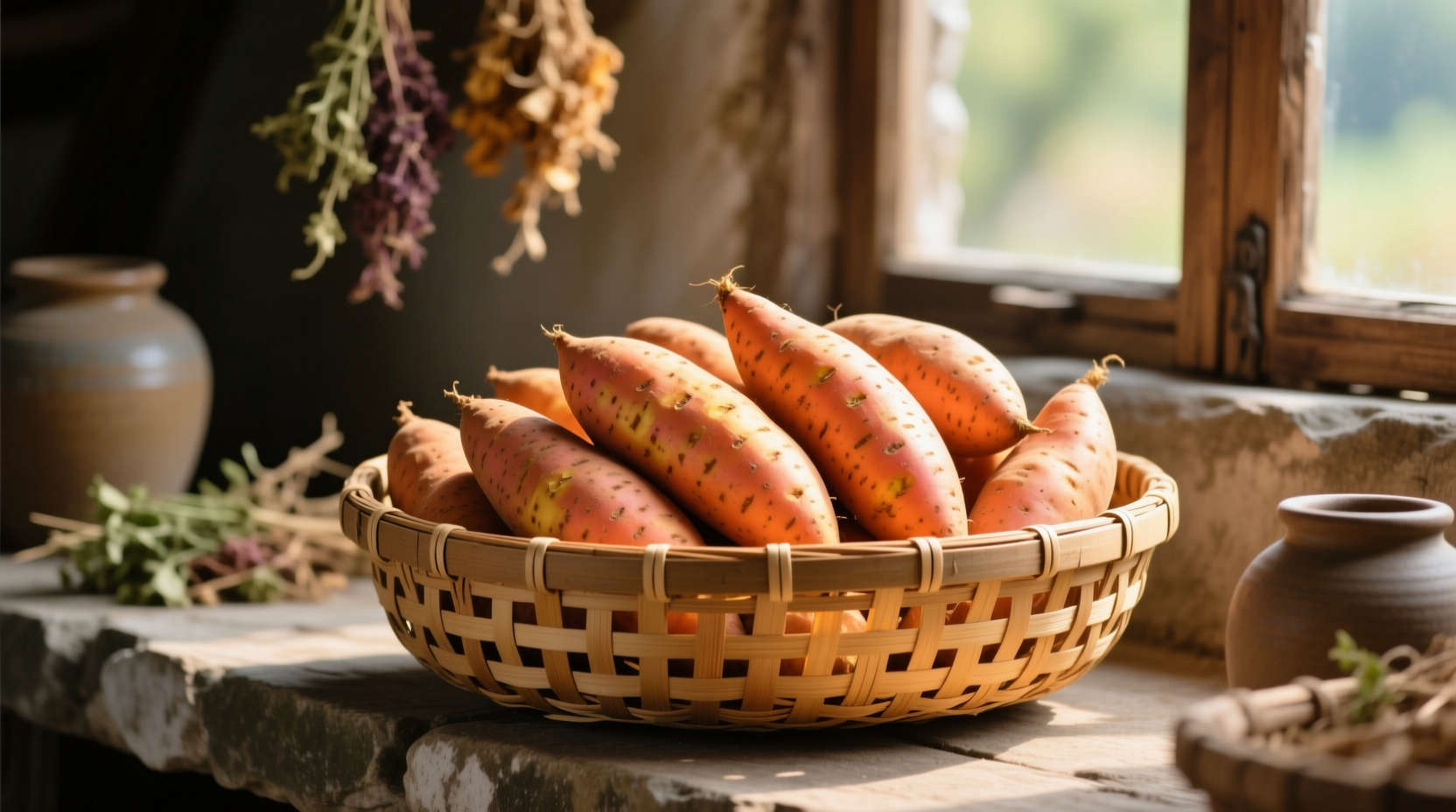 Fresh sweet potatoes in proper storage container