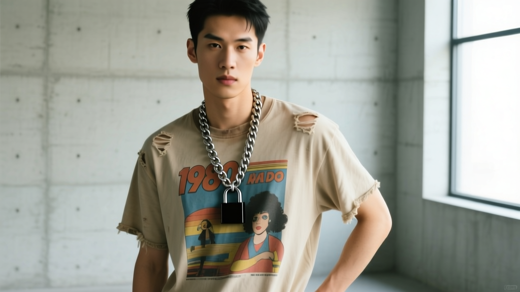 Male model wearing 8mm stainless steel Cuban link chain with a matte black padlock pendant over a distressed vintage graphic tee