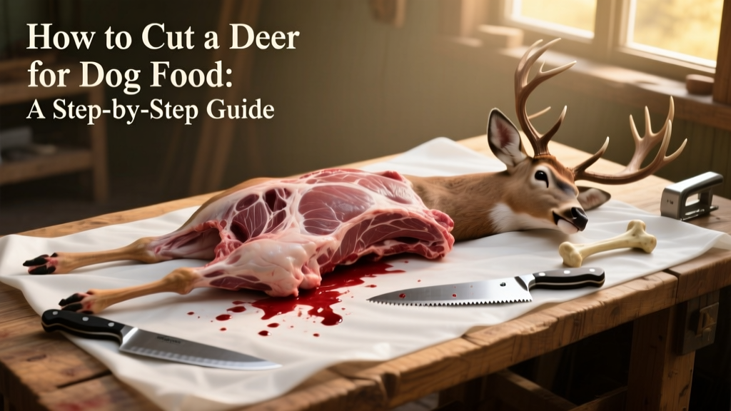 A deer carcass laid out on a clean tarp with basic butchering tools nearby